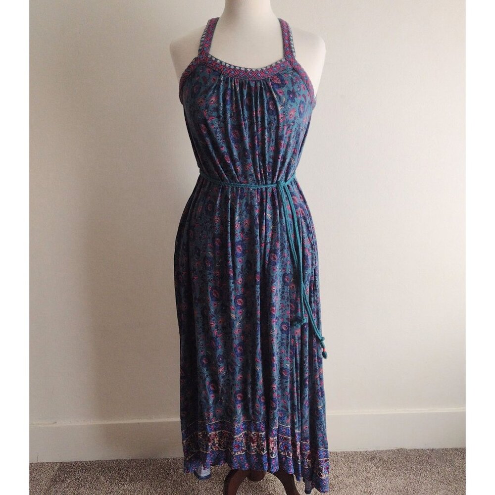 Lucky Brand Teal Floral Dress S Relaxed Knit Boho Jewel Tone Embroidered Maxi - Picture 12 of 12